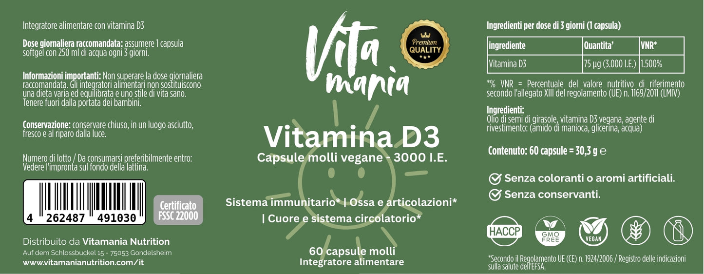 Vitamania Vitamina D3 3.000 UI - 60 capsule vegane